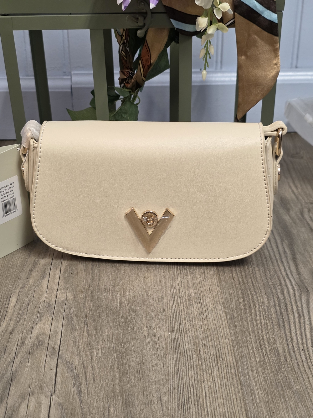 Valentino Orlandi Cream Shoulder Bag with Gold V Emblem